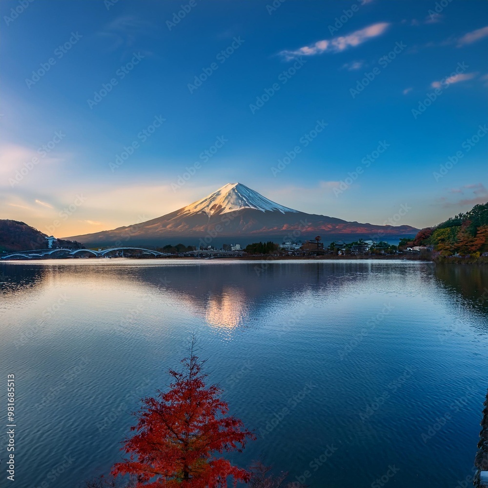 Sacred Mount Fuji Reflected in the Calm Waters of Lake Kawaguchi Sacred Mount Fuji Reflected in the Calm Waters of Lake Kawaguchi