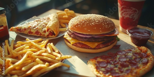 Delicious Fast Food Spread with Burger, Pizza, Fries, and Drink photo