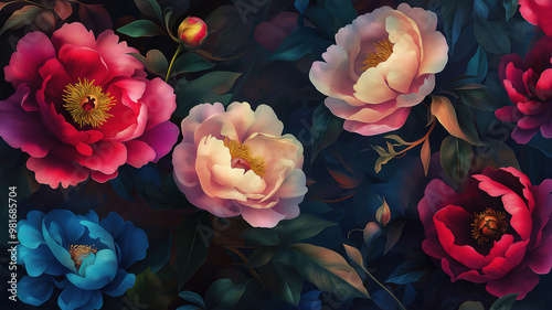 Sophisticated Baroque Floral Design with Deep-Hued Peonies on Dark Canvas