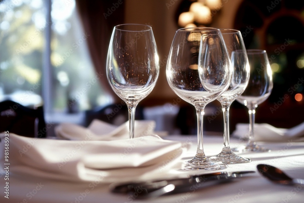 Elegant dining table setup in an upscale restaurant featuring wine glasses and cutlery, capturing the luxury of fine dining with a soft-focus background. High-resolution image shot Elegant dining table setup in an upscale restaurant featuring wine glasses and cutlery, capturing the luxury of fine dining with a soft-focus background. High-resolution image shot