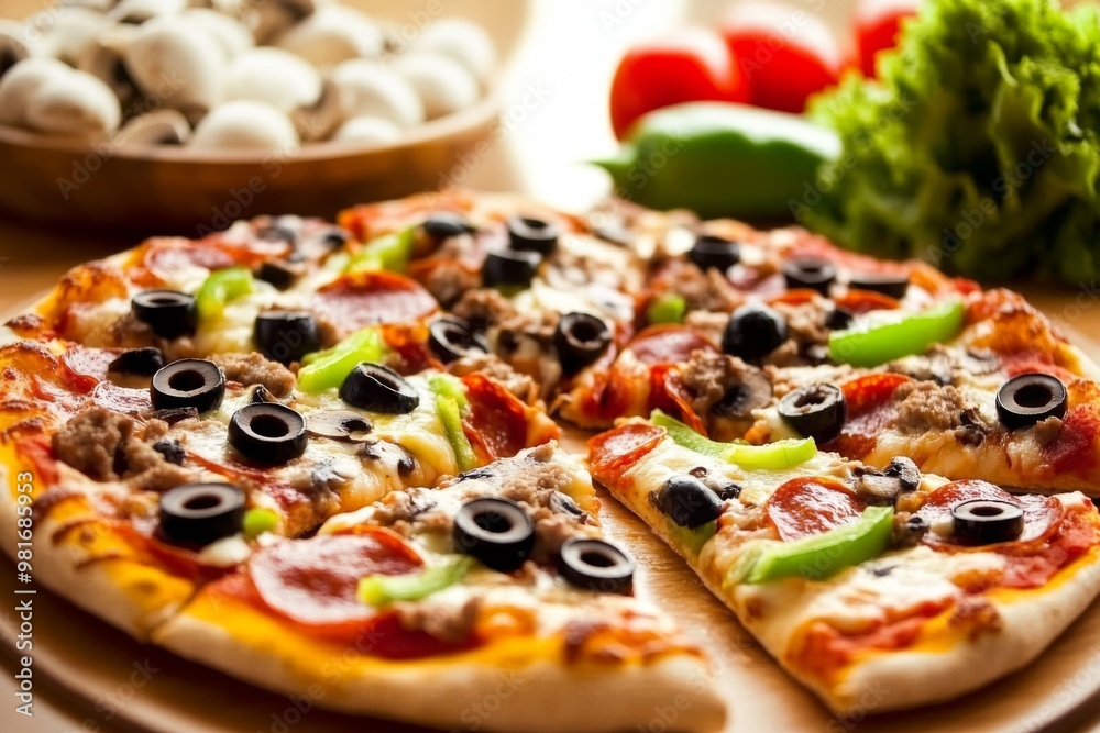 Close-up of a sliced pizza topped with black olives, green peppers, and meat, surrounded by fresh vegetables like tomatoes, lettuce, onion, and mushrooms on a table, captured with a Canon EOS R5 in br Close-up of a sliced pizza topped with black olives, green peppers, and meat, surrounded by fresh vegetables like tomatoes, lettuce, onion, and mushrooms on a table, captured with a Canon EOS R5 in br