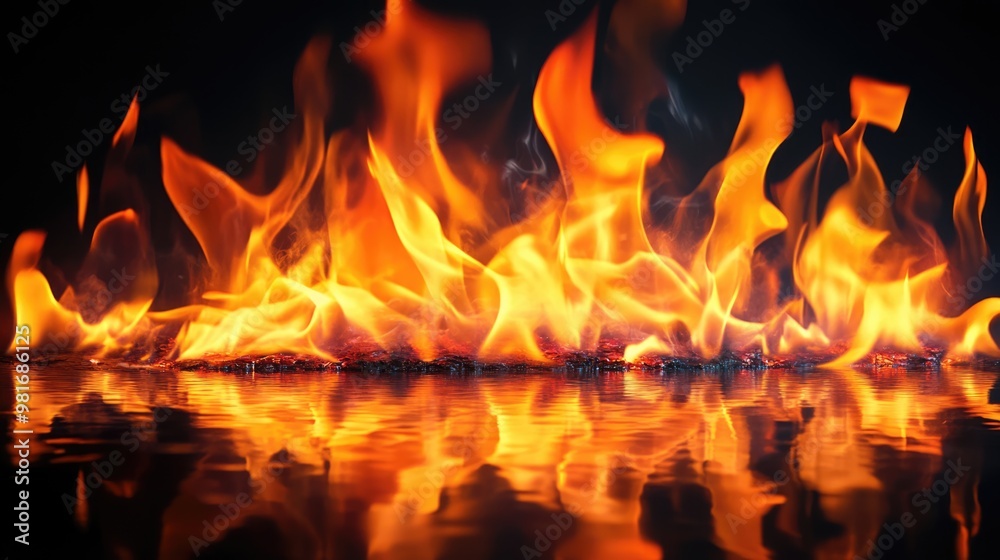 Fire and reflection on black background. Yellow and orange flame, fiery background Fire and reflection on black background. Yellow and orange flame, fiery background