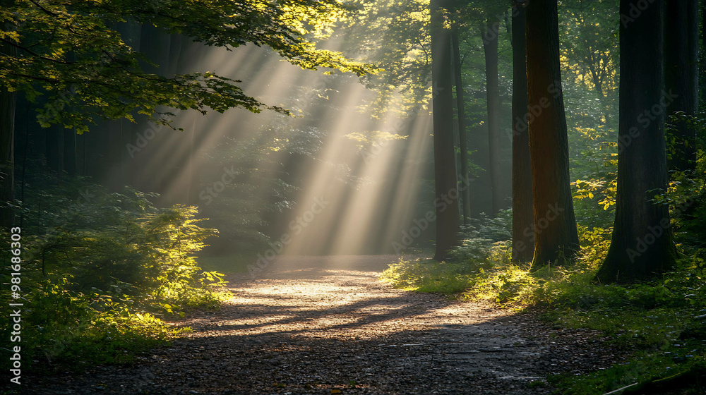 Obraz premium Sunbeams stream through trees in a lush forest, illuminating a path ahead.
