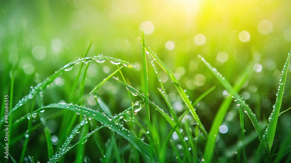 Fototapeta premium Dewdrops on Green Grass Blades in Sunlight