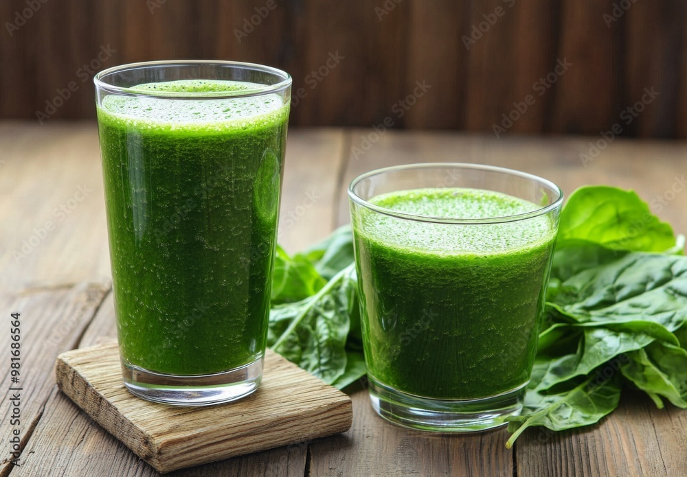 Two glasses of fresh green smoothie on a rustic wooden table surrounded by leaves, captured in a realistic and natural photograph, ideal for health and lifestyle promotions. Two glasses of fresh green smoothie on a rustic wooden table surrounded by leaves, captured in a realistic and natural photograph, ideal for health and lifestyle promotions.