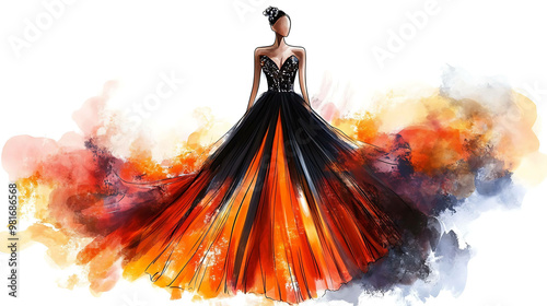 A woman in a black and orange dress with watercolor splashes around her. photo