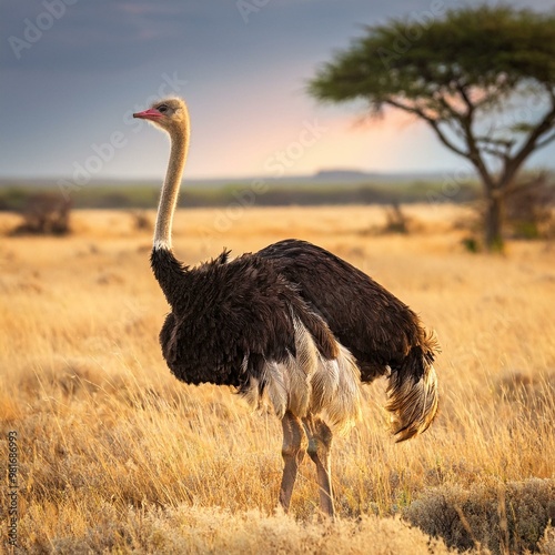 ostrich in the savanna, AI generated photo