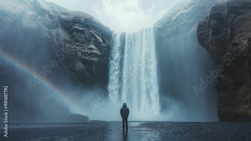 A Solitary Figure at the Foot of a Majestic Waterfall: A solitary figure stands dwarfed by the immense power of a cascading waterfall in a breathtaking landscape of towering cliffs and a vibrant rainb photo