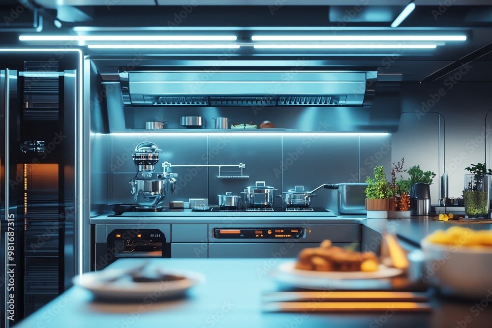 A long shot showcasing a futuristic kitchen A long shot showcasing a futuristic kitchen