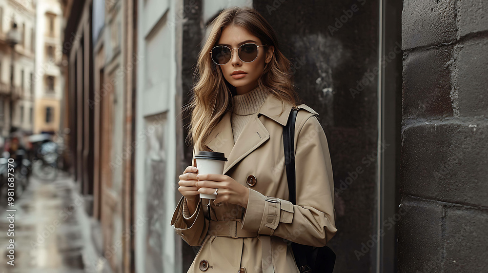 Fototapeta premium A woman in a trench coat, sunglasses, and a turtleneck sweater holds a cup of coffee on a city street.