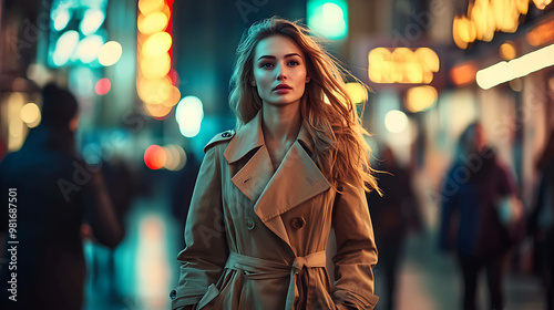 Young woman in a tan trench coat stands in the middle of a city street at night.