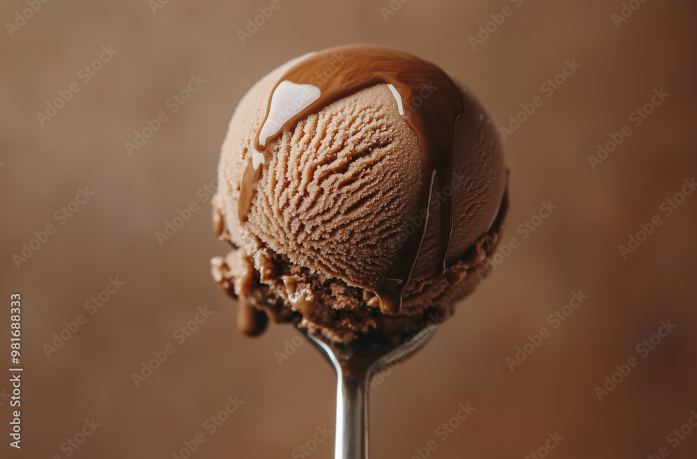 Fototapeta premium Smooth Coffee Ice Cream Scoop with Drizzles of Caramel: Indulgence in Every Bite
