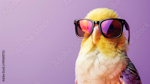 A close-up image of a yellow minion wearing sunglasses with a blurred background. photo