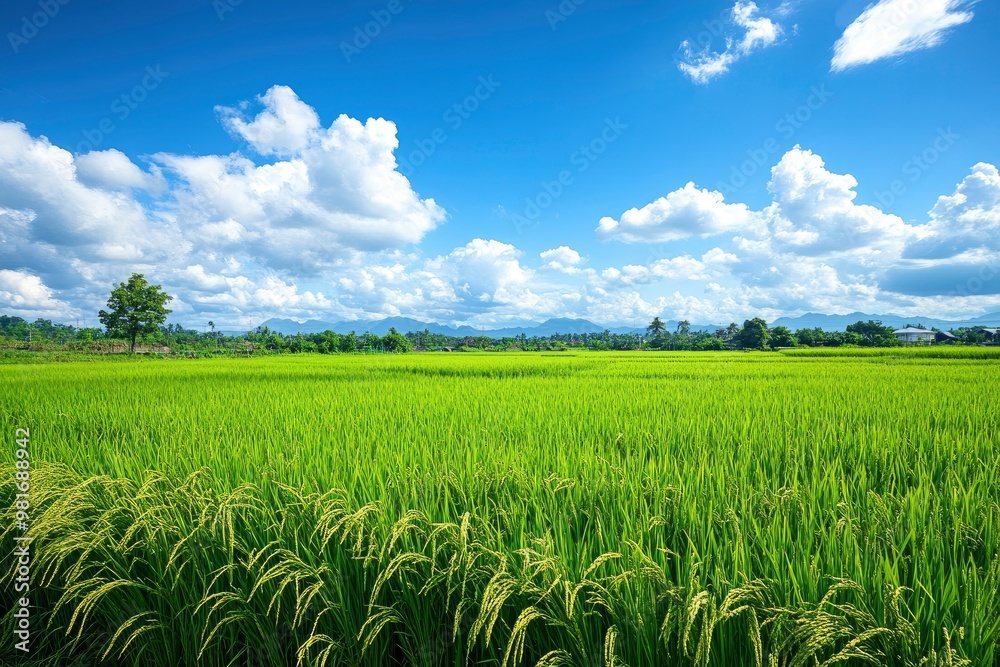 The rice fields are full, waiting to be harveste under blue sky. Farm, Agriculture concept, ai The rice fields are full, waiting to be harveste under blue sky. Farm, Agriculture concept, ai