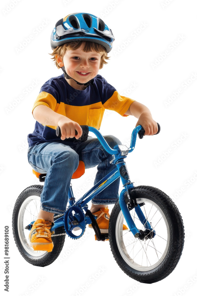 Child on blue bike with helmet outdoors isolated on transparent background Child on blue bike with helmet outdoors isolated on transparent background