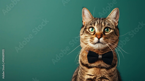 A tabby cat wearing a bow tie looks to the side against a teal background.