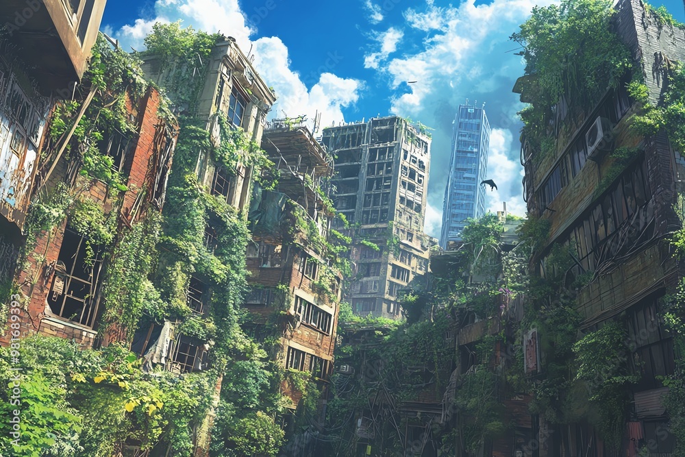 Obraz premium A sprawling urban landscape overtaken by lush greenery