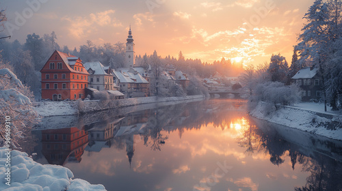 Winter Sunrise Over Snowy Town and River photo