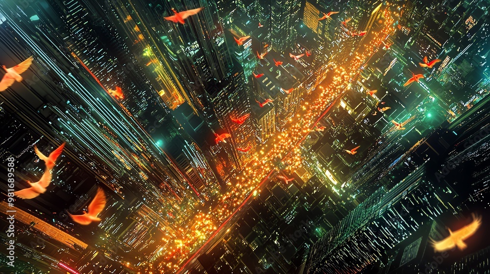 A stunning aerial perspective capturing a flock of colorful birds navigating through a high-tech city A stunning aerial perspective capturing a flock of colorful birds navigating through a high-tech city