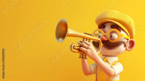 A 3D cartoon man with a mustache and glasses plays a trumpet.