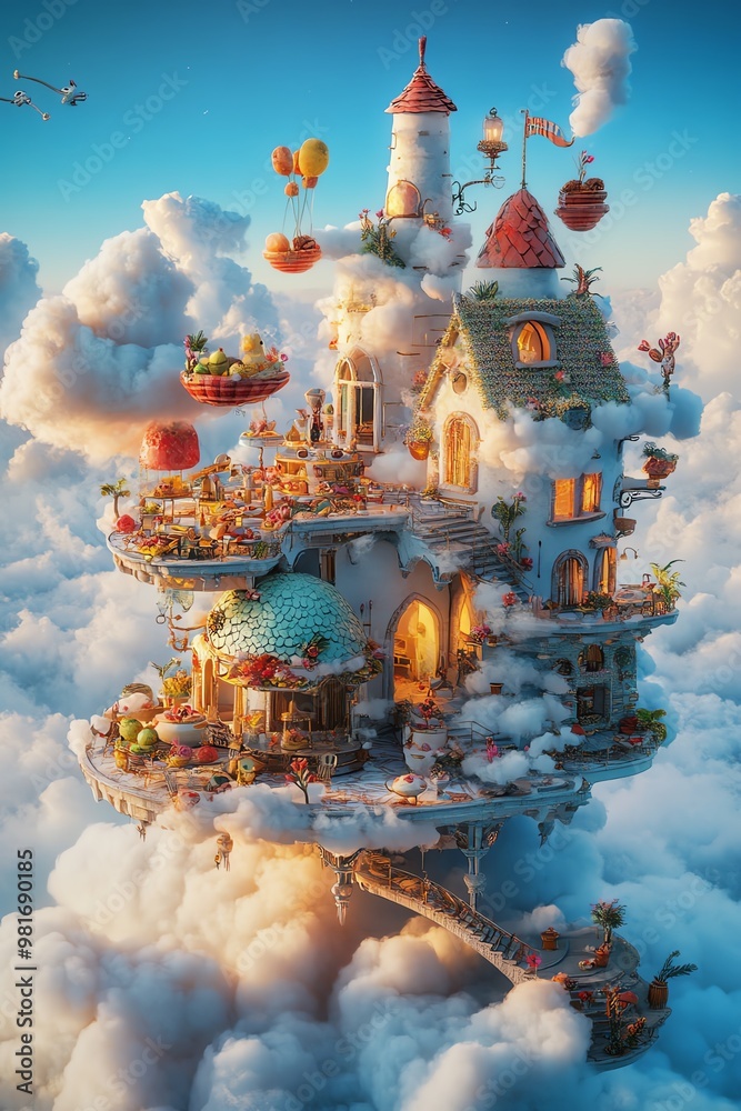 Obraz premium A surreal high-angle perspective showcasing a dreamlike kitchen floating in the clouds