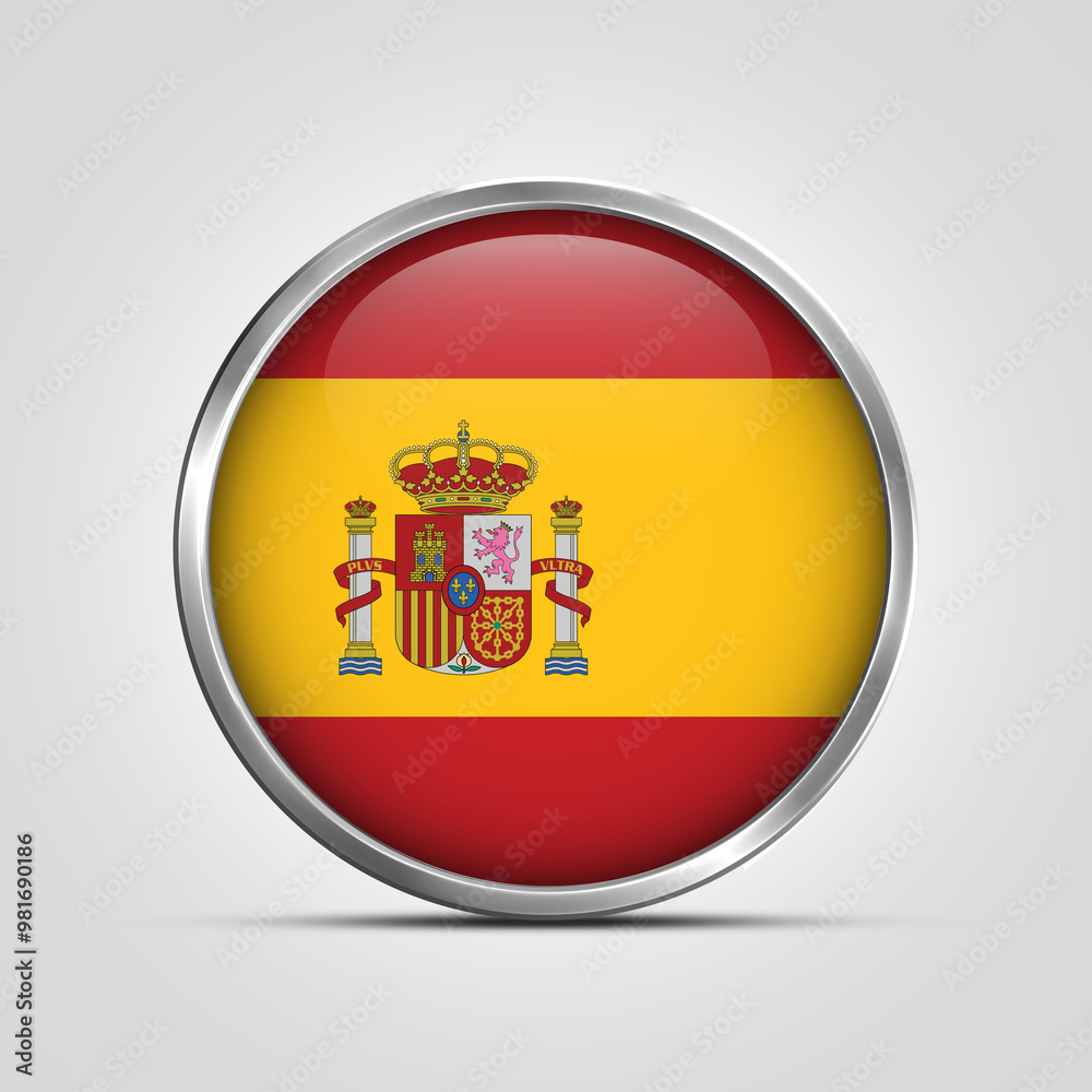 silver plate with glossy flag. Spain flag stamp. made in stamp isolated in white background. royal, allegiance, symbol, minimal, vector, 3d, icon, illustration. silver plate with glossy flag. Spain flag stamp. made in stamp isolated in white background. royal, allegiance, symbol, minimal, vector, 3d, icon, illustration.