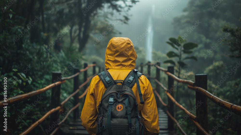 Journey to the Cascades: A lone hiker in a vibrant yellow raincoat traverses a wooden bridge, dwarfed by the misty embrace of a lush rainforest, leading towards a majestic waterfall. Journey to the Cascades: A lone hiker in a vibrant yellow raincoat traverses a wooden bridge, dwarfed by the misty embrace of a lush rainforest, leading towards a majestic waterfall.