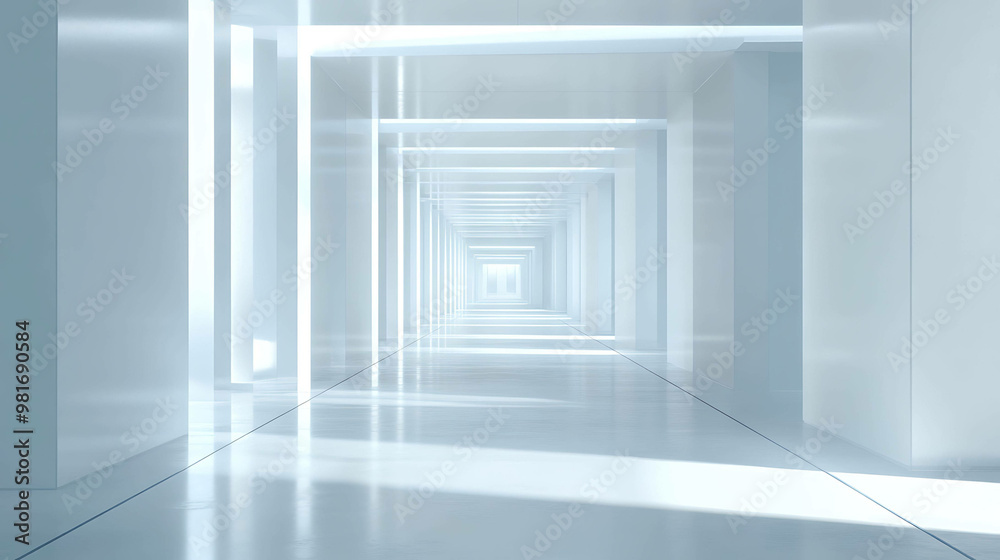 A minimalist white hallway with bright light at the end. A minimalist white hallway with bright light at the end.