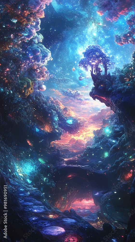 A tilted angle view of a luminous fantasy world merging with groundbreaking scientific discoveries A tilted angle view of a luminous fantasy world merging with groundbreaking scientific discoveries