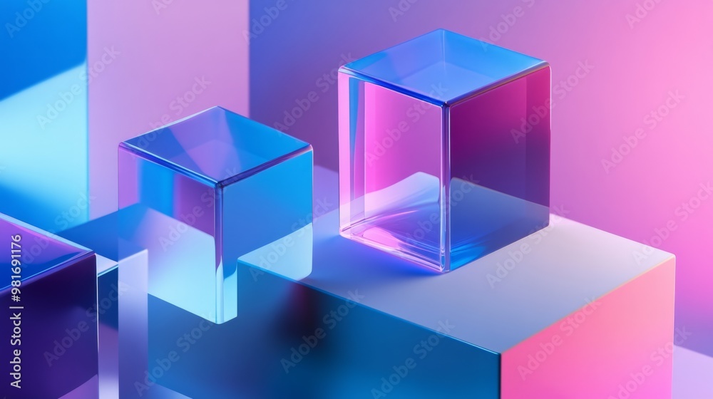 Stacked cubes and prisms. Geometric art shapes in glass morphist style generative ai Stacked cubes and prisms. Geometric art shapes in glass morphist style generative ai