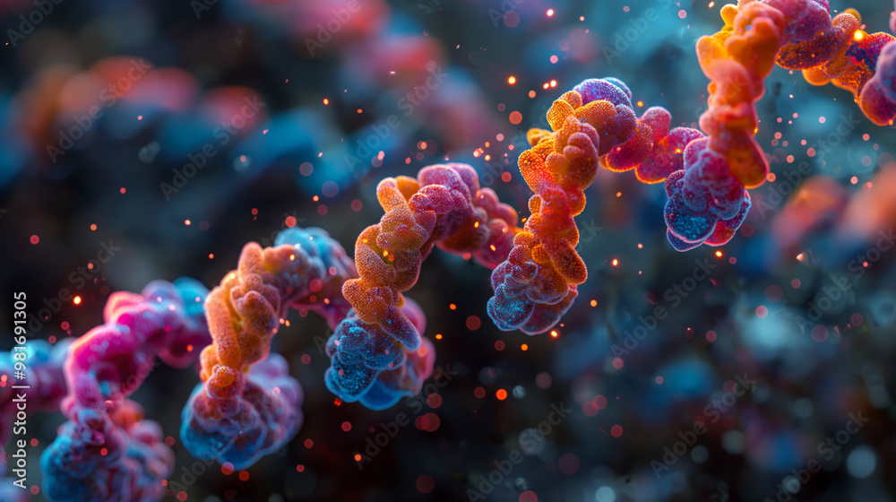The Blueprint of Life: A vibrant, luminescent DNA strand dances amidst a cascade of glowing particles, showcasing the intricate beauty of genetic code. The Blueprint of Life: A vibrant, luminescent DNA strand dances amidst a cascade of glowing particles, showcasing the intricate beauty of genetic code.