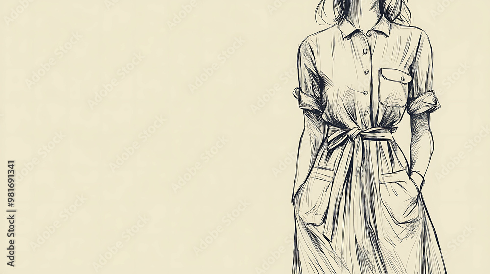 Naklejka premium Fashion illustration of a woman in a collared dress with a belt.