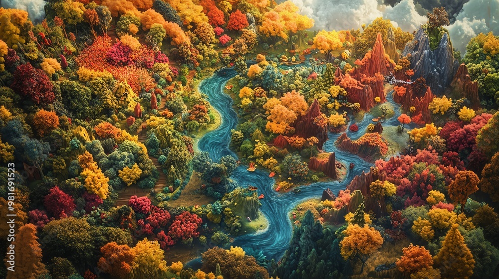 A vibrant birds-eye view of a fantastical landscape A vibrant birds-eye view of a fantastical landscape