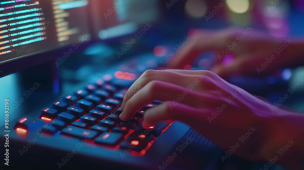 Close-up of hands typing on keyboard in front of a computer monitor with code on the screen. Close-up of hands typing on keyboard in front of a computer monitor with code on the screen.