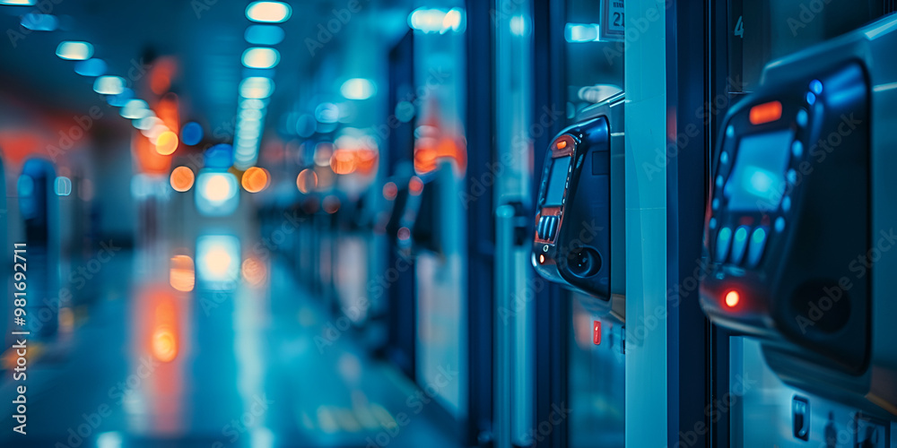 Modern timekeeping system in office corridor, Digital time clock system in industrial setting Modern timekeeping system in office corridor, Digital time clock system in industrial setting