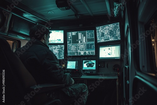 Man Monitoring Security System in Control Room photo