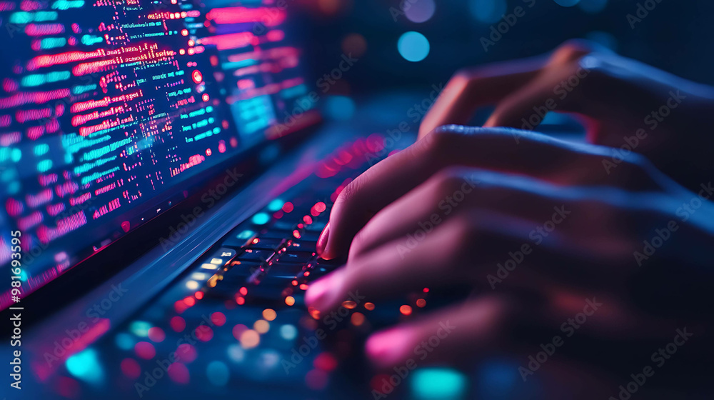 Closeup of hands typing on a laptop keyboard, with colorful code visible on the screen. Closeup of hands typing on a laptop keyboard, with colorful code visible on the screen.