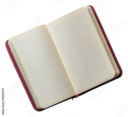 Open notebook with blank pages ready for writing isolated on transparent background