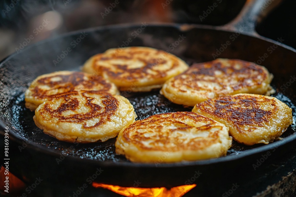 Golden Pancakes Cooking In Cast Iron Pan On Fire Golden Pancakes Cooking In Cast Iron Pan On Fire