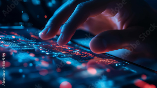 Close-up of a hand interacting with a digital interface, showcasing glowing circuits and data streams.