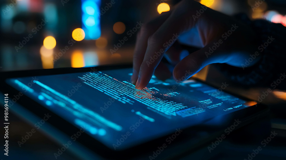 A hand interacts with a glowing blue tablet screen displaying code against a background of city lights. A hand interacts with a glowing blue tablet screen displaying code against a background of city lights.