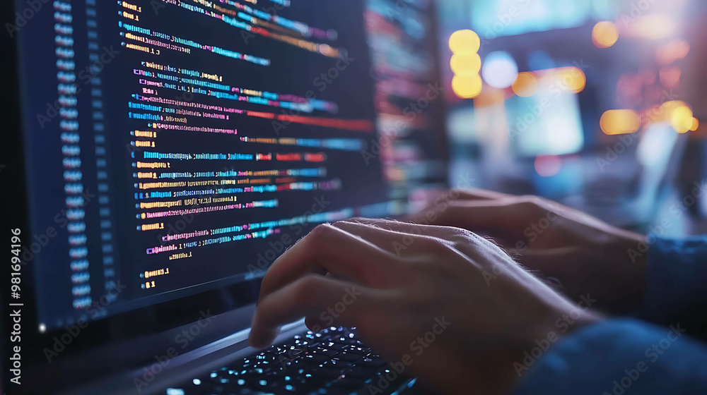 Programmer's hands typing on a laptop with code on the screen. Programmer's hands typing on a laptop with code on the screen.