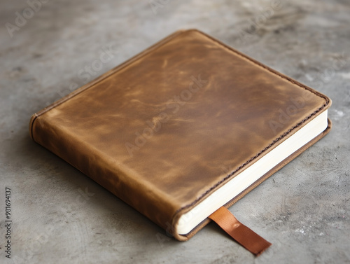 Vintage brown leather notebook on a neutral surface, ideal for journaling, writing, or sketching. Classic design, perfect for rustic-themed photography, branding, and office concepts.