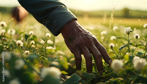 Tender Connection: Hand Reaching Out to a Horse in the Serene Fields of Agriculture and Livestock Farming