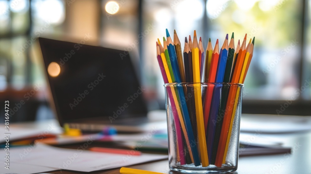 A glass of sharp colorful pencils on a working table, with a laptop and scattered papers in the background of a modern office setup A glass of sharp colorful pencils on a working table, with a laptop and scattered papers in the background of a modern office setup