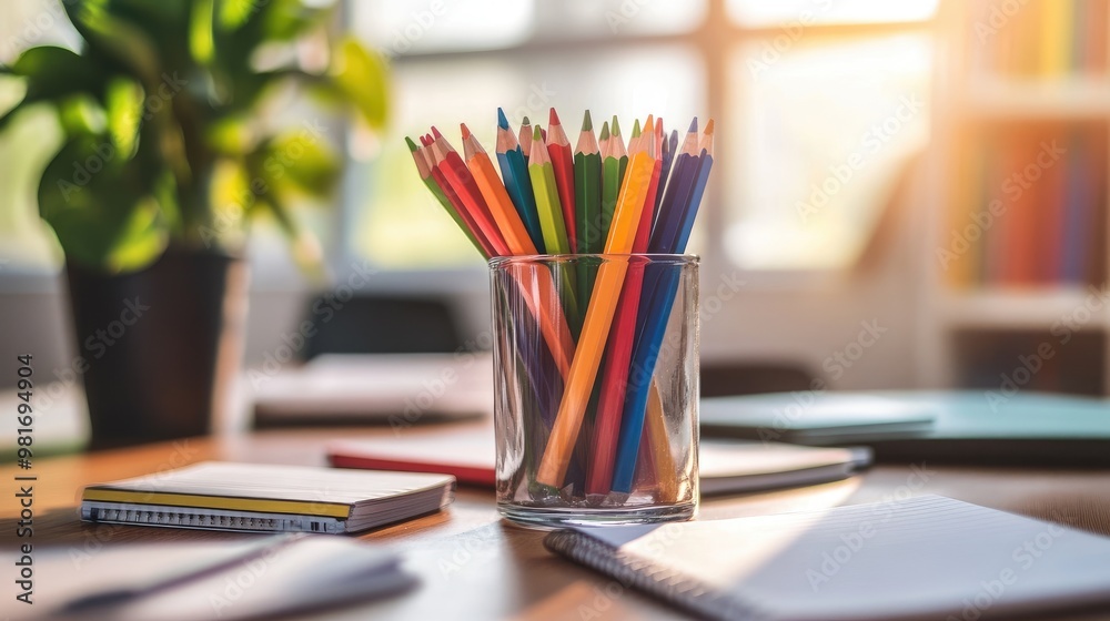 Bright color pencils in a glass on a desk, surrounded by notebooks, papers, and a plant, adding a pop of color to a realistic workspace Bright color pencils in a glass on a desk, surrounded by notebooks, papers, and a plant, adding a pop of color to a realistic workspace