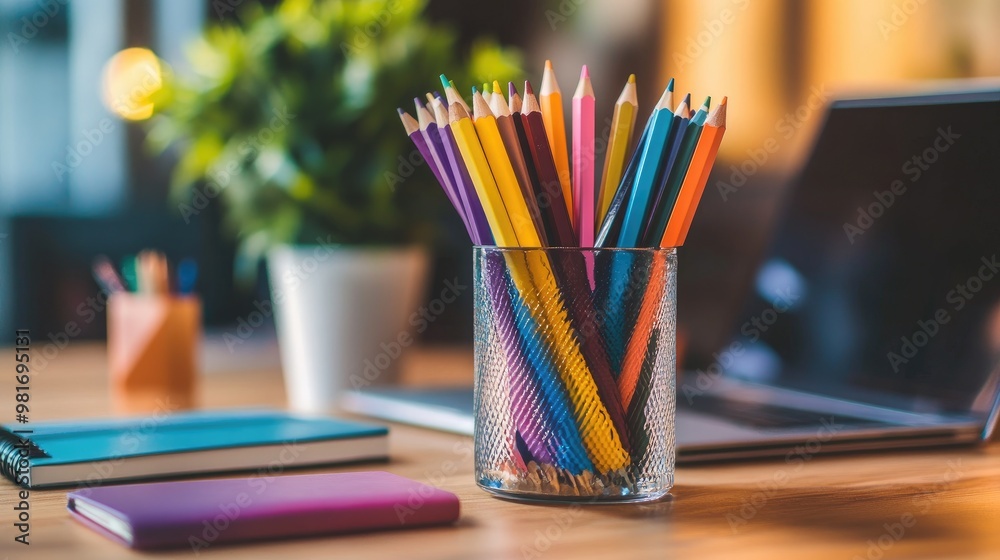 Sharp, vibrant color pencils in a glass on a desk, with a plant, notebook, and laptop nearby, creating a colorful and realistic workspace Sharp, vibrant color pencils in a glass on a desk, with a plant, notebook, and laptop nearby, creating a colorful and realistic workspace