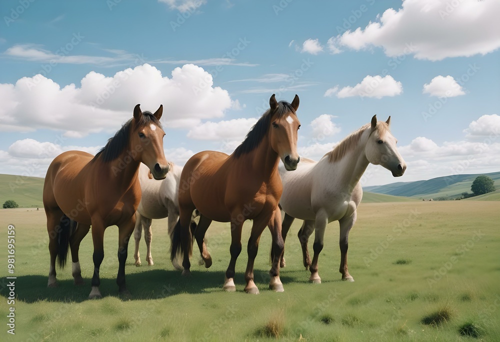 A herd of brown horses standing in a grassy field with a forest in the background A herd of brown horses standing in a grassy field with a forest in the background