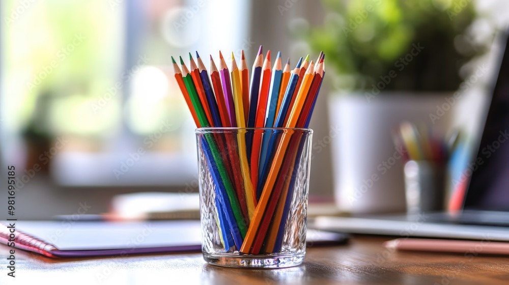 Sharp, vibrant color pencils in a glass on a desk, with a plant, notebook, and laptop nearby, creating a colorful and realistic workspace Sharp, vibrant color pencils in a glass on a desk, with a plant, notebook, and laptop nearby, creating a colorful and realistic workspace