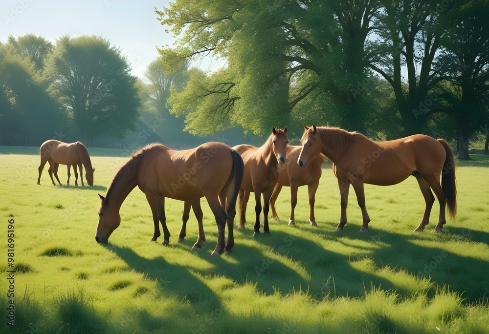 Fototapeta premium A herd of brown horses standing in a grassy field with a forest in the background